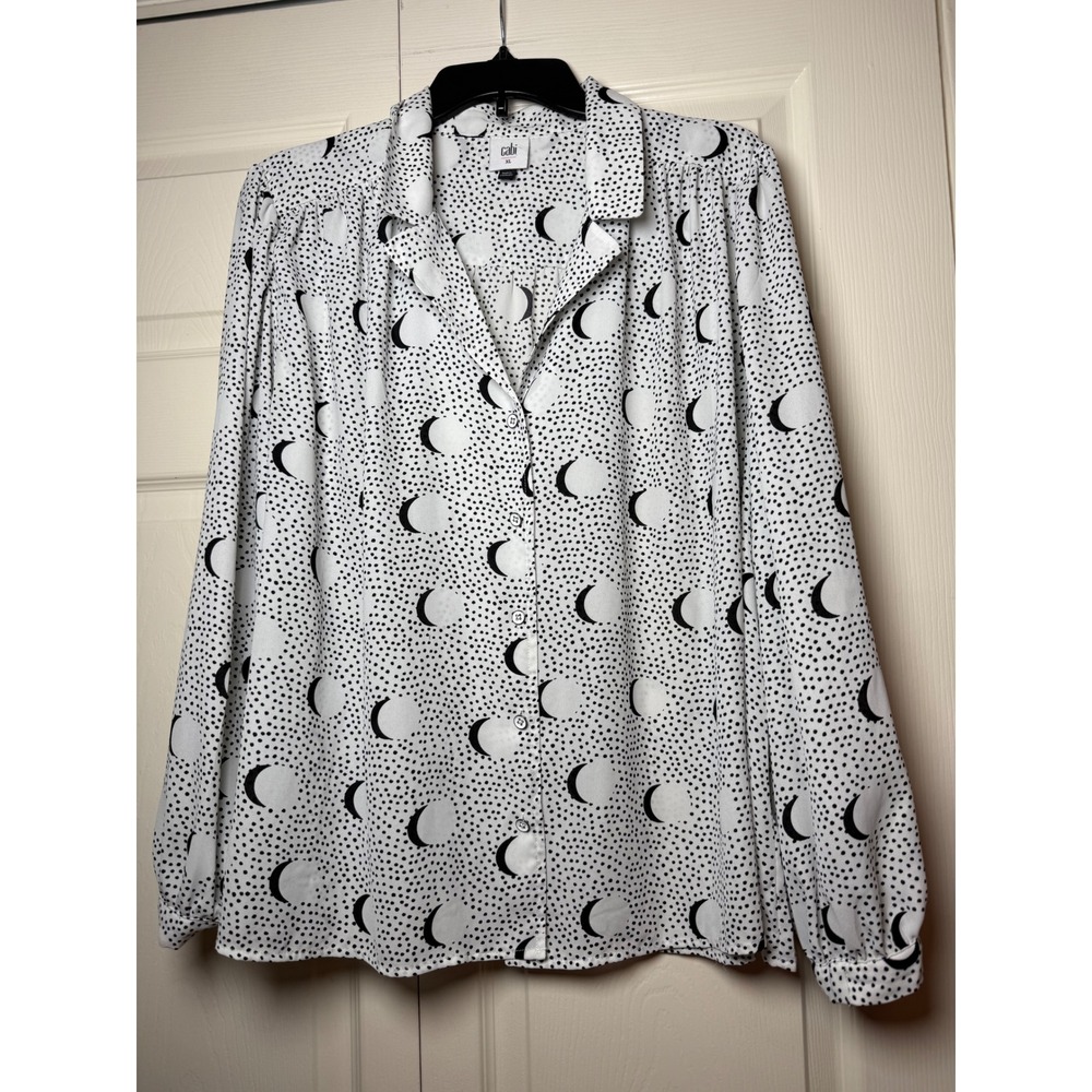 Cabi Luna Blouse XL Black White Crescent Moon Polka Dot Button‎ Front Top